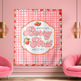 Roze Bes Eerste Rode Aardbei Verjaardag Achtergron Wandkleed