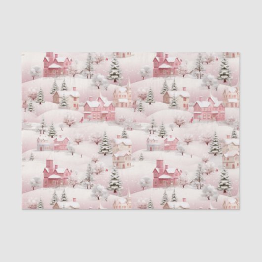 Roze Besneeuwde Winterdorp Kerstdecoratie Tissuepapier (Voorkant)