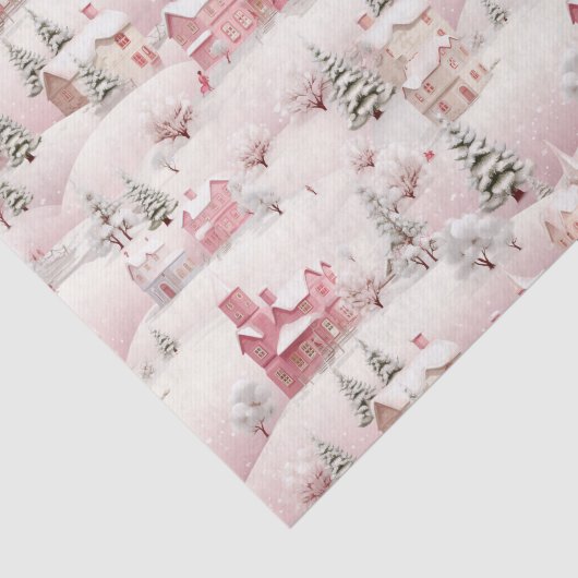 Roze besneeuwde winterdorp kerstscène tissuepapier (Detail)