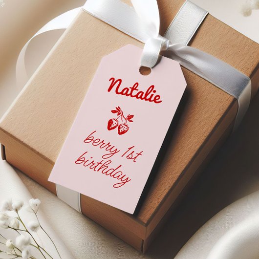 Roze bessen 1e Hand getrokken aardbeien Verjaardag Cadeaulabel