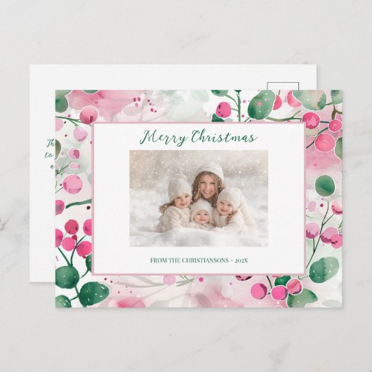 Roze bessen Bloemen Foto Kerst Briefkaart (Voorkant / Achterkant)