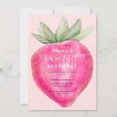 Roze bessen eerste verjaardag waterverf aardbei kaart (Voorkant)