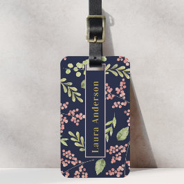 Roze Bessen en Bladwerk Aangepaste Naam Navy Blauw Bagagelabel