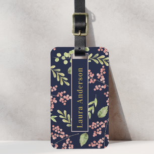 Roze Bessen en Bladwerk Aangepaste Naam Navy Blauw Bagagelabel