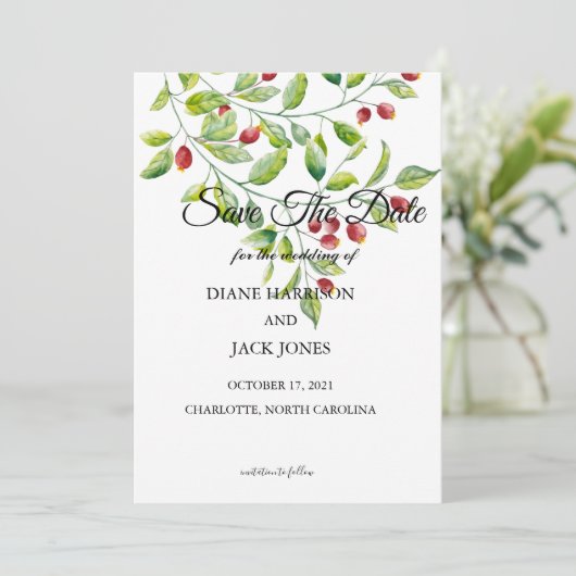 Roze bessen en groene olie bespaart de datum kaart (Staand voorkant)