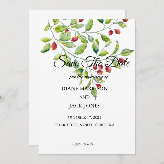 Roze bessen en groene olie bespaart de datum kaart (Voorkant / Achterkant)