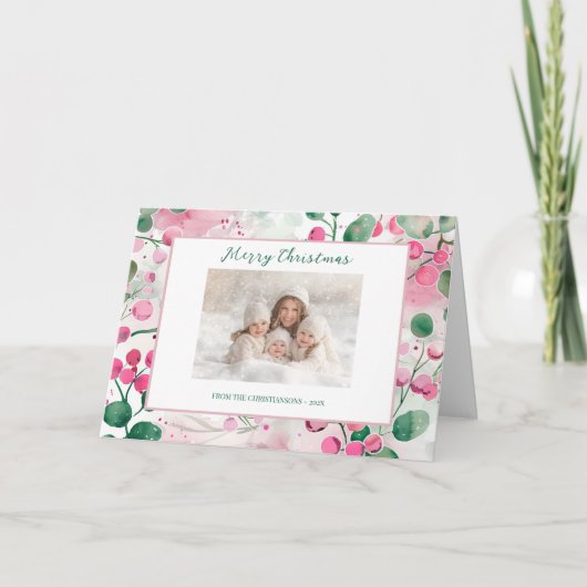 Roze bessen Foto Bloemen Kerst Kaart (Voorkant)