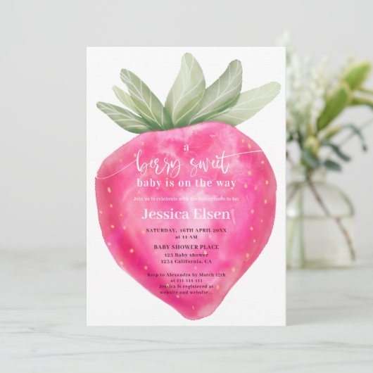 Roze bessen zoete waterverf aardbeien baby shower kaart (Staand voorkant)