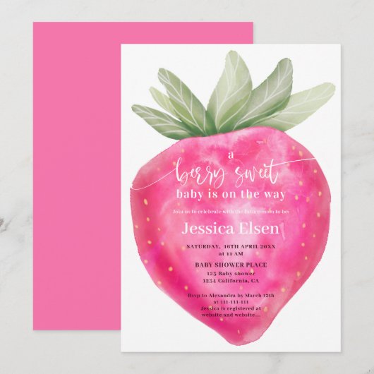 Roze bessen zoete waterverf aardbeien baby shower kaart (Voorkant / Achterkant)
