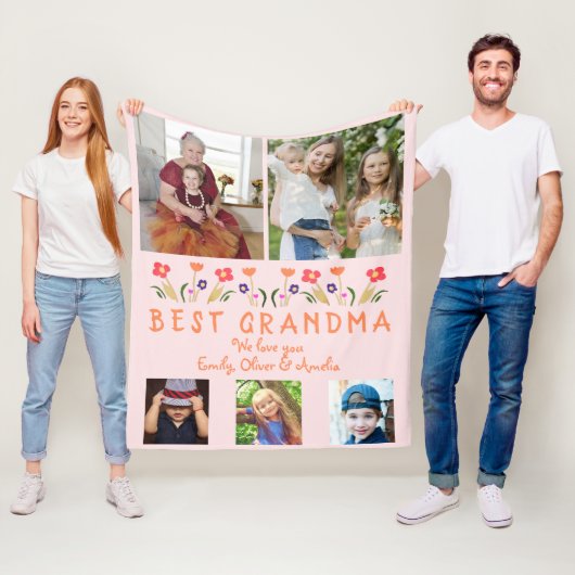 Roze Best Grandma Flowers Photo Collage Fleece Deken (In situ)