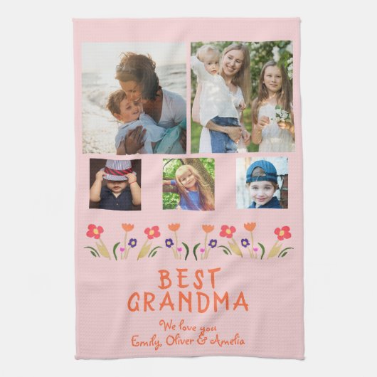 Roze beste grootmabloemen 5 Foto Collage Keepslag Theedoek (Verticaal)