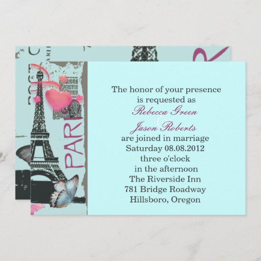 roze bestemming bruiloft Eiffeltoren Parijs Kaart (Voorkant / Achterkant)