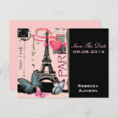 roze bestemminghuwelijk Eiffeltoren Parijs Aankondigingskaart (Voorkant / Achterkant)