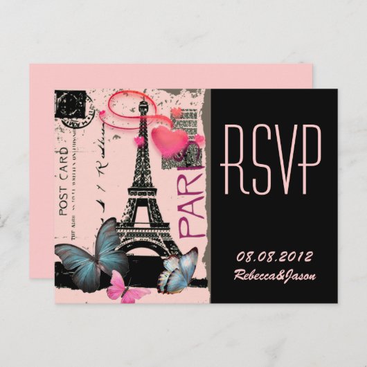 roze bestemminghuwelijk met Eiffeltoren in Parijs Uitnodiging Briefkaart (Voorkant / Achterkant)