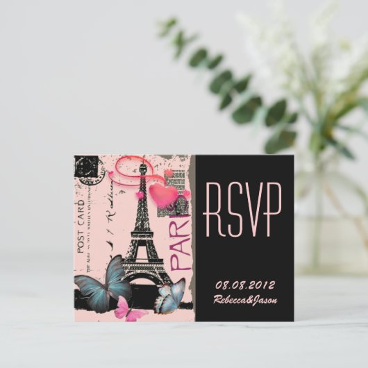 roze bestemminghuwelijk met Eiffeltoren in Parijs Uitnodiging Briefkaart (Staand voorkant)