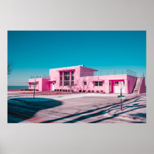 Roze betonbouw onder duidelijke blauwe hemel poster