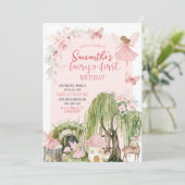 Roze betoverd bos meisje fee eerste verjaardag kaart (Staand voorkant)