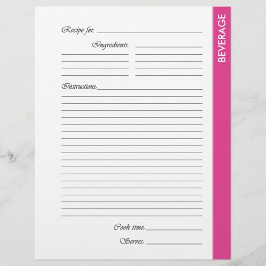 Roze BEVERAGE tweezijdige Recipe Pages (Voorkant)
