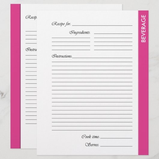 Roze BEVERAGE tweezijdige Recipe Pages (Voorkant / Achterkant)