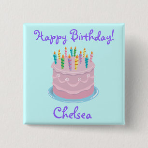 Roze Bevroren Birthday Cake gepersonaliseerd Vierkante Button 5,1 Cm