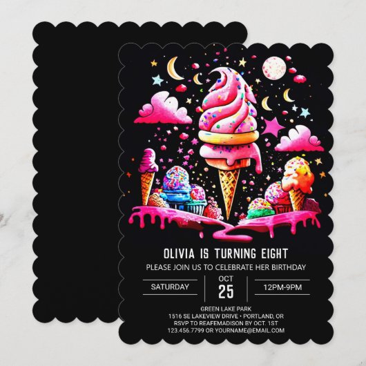 Roze bewerkbare Elegant Ice Cream Meisje Verjaarda Kaart (Voorkant / Achterkant)