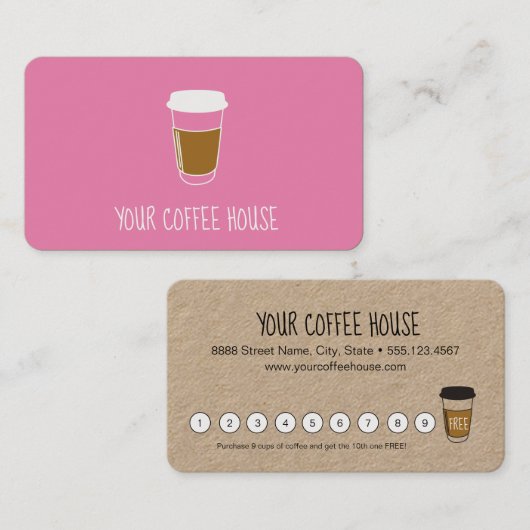 Roze, bewerkbare koffie, taafband klantenkaartje (Voorkant / Achterkant)