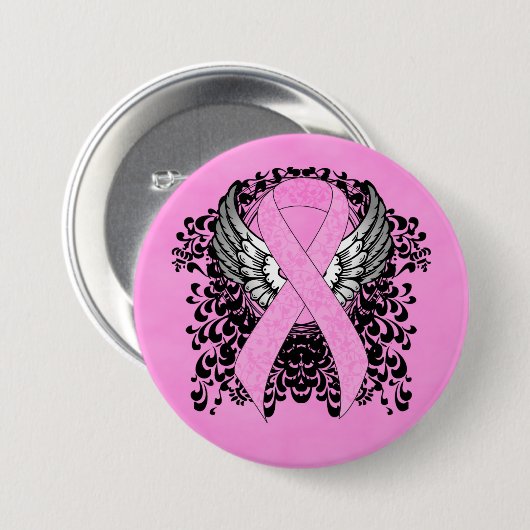 Roze Bewustmakingslint aan met Wings Ronde Button 7,6 Cm (Voorkant /achterkant)