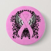 Roze Bewustmakingslint aan met Wings Ronde Button 7,6 Cm (Voorkant)