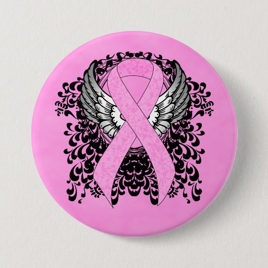 Roze Bewustmakingslint aan met Wings Ronde Button 7,6 Cm (Voorkant)