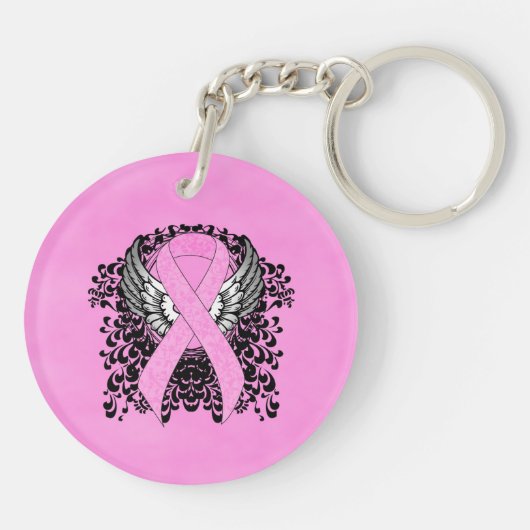 Roze Bewustmakingslint aan met Wings Sleutelhanger (Achterkant)