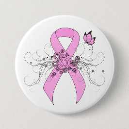 Roze bewustmakingslint met vlinder ronde button 7,6 cm