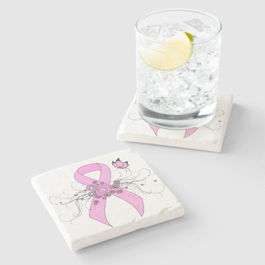 Roze bewustmakingslint met vlinder stenen onderzetter (Zijkant)