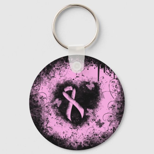 Roze bewustwording Ribbon Grunge Heart Sleutelhanger (Voorkant)