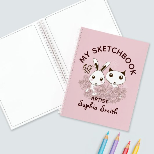 Roze BFF Schattigee Cartoon Kitten en Bunny Kinder Notitieboek