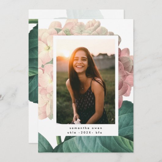 Roze Big Flower Photo University Afstudeerder Aankondiging (Voorkant / Achterkant)