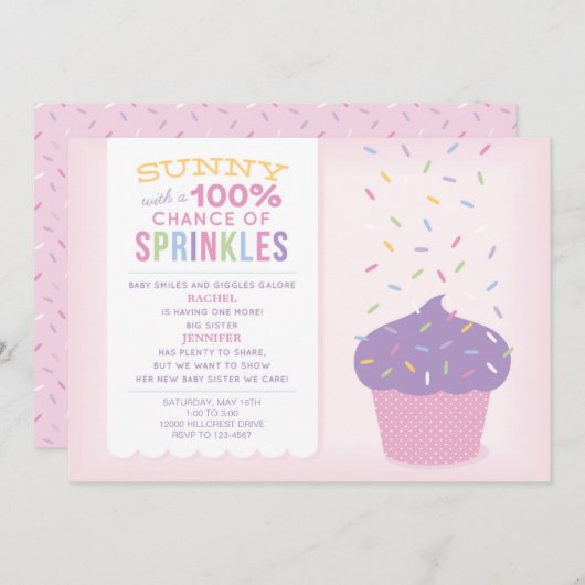 Roze Big Sister Cupcake Baby Sprinkle Uitnodiging (Voorkant / Achterkant)
