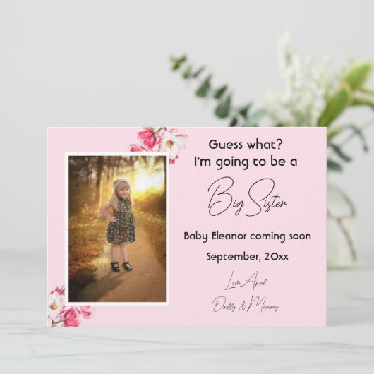 Roze Big Sister Zwangerschap Foto Mededelingen Aankondiging (Staand voorkant)