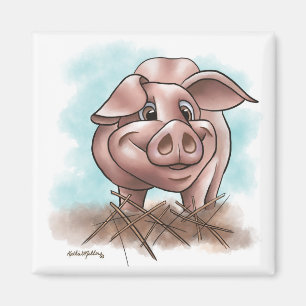 Roze Biggetje in de Stro Cartoon Magneet