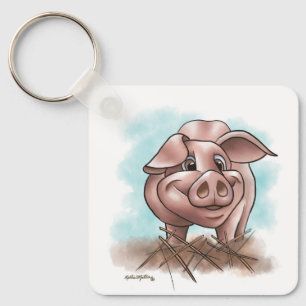Roze Biggetje in de Stro Cartoon Sleutelhanger