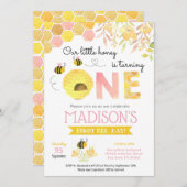 Roze bijen Eerste 1e verjaardag van feestelijke ui Kaart (Voorkant / Achterkant)