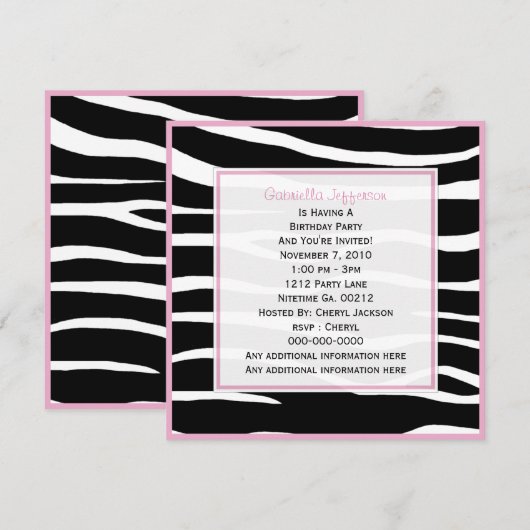 Roze bijgesneden: Uitnodiging van zebra (Voorkant / Achterkant)