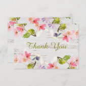 Roze bijtende Florals op wit hout Bedankkaart (Voorkant / Achterkant)