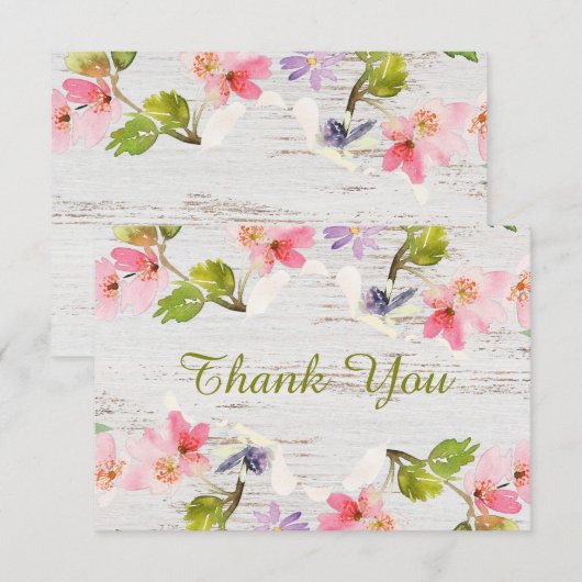 Roze bijtende Florals op wit hout Bedankkaart (Voorkant / Achterkant)