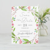 Roze, bijtende Waterverf Bloem Save The Date (Staand voorkant)