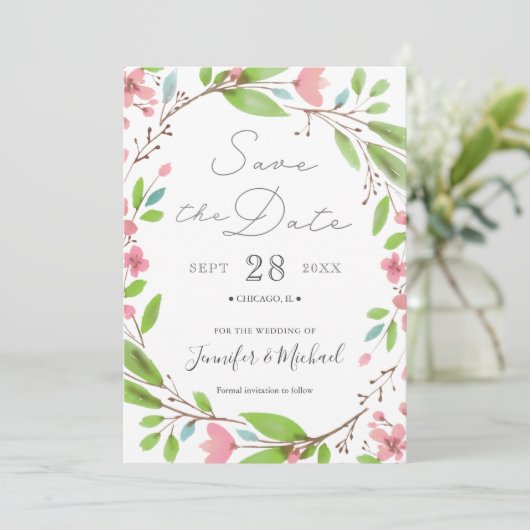 Roze, bijtende Waterverf Bloem Save The Date (Staand voorkant)