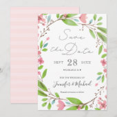 Roze, bijtende Waterverf Bloem Save The Date (Voorkant / Achterkant)