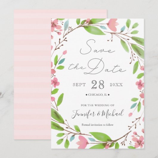 Roze, bijtende Waterverf Bloem Save The Date (Voorkant / Achterkant)