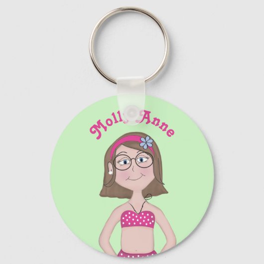 Roze Bikini, fair skin, brunette, blauw, Bob, Glas Sleutelhanger (Voorkant)
