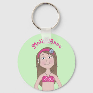 Roze bikini, licht huid met bruin haar en blauwe o sleutelhanger