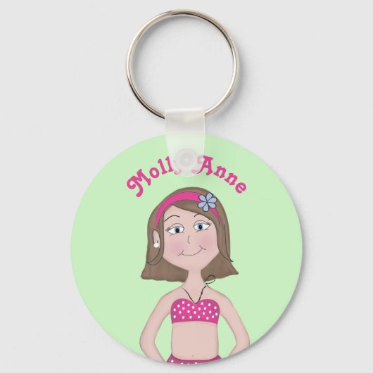 Roze bikini, lichte huid, brunette, blauwe ogen, B Sleutelhanger (Voorkant)